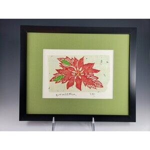 Original Block Print Poinsettia Francy Blumhagen Signed Mixed Media Framed OOAK